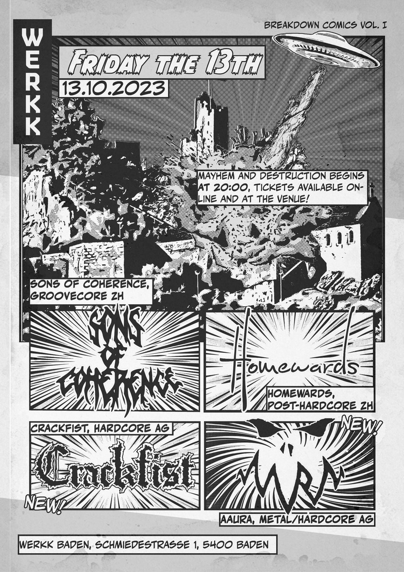 FRIDAY THE 13TH with SONS OF COHERENCE (ZH), HOMEWARDS (ZH/AG), CRACKFIST (AG) & AAURA (AG)