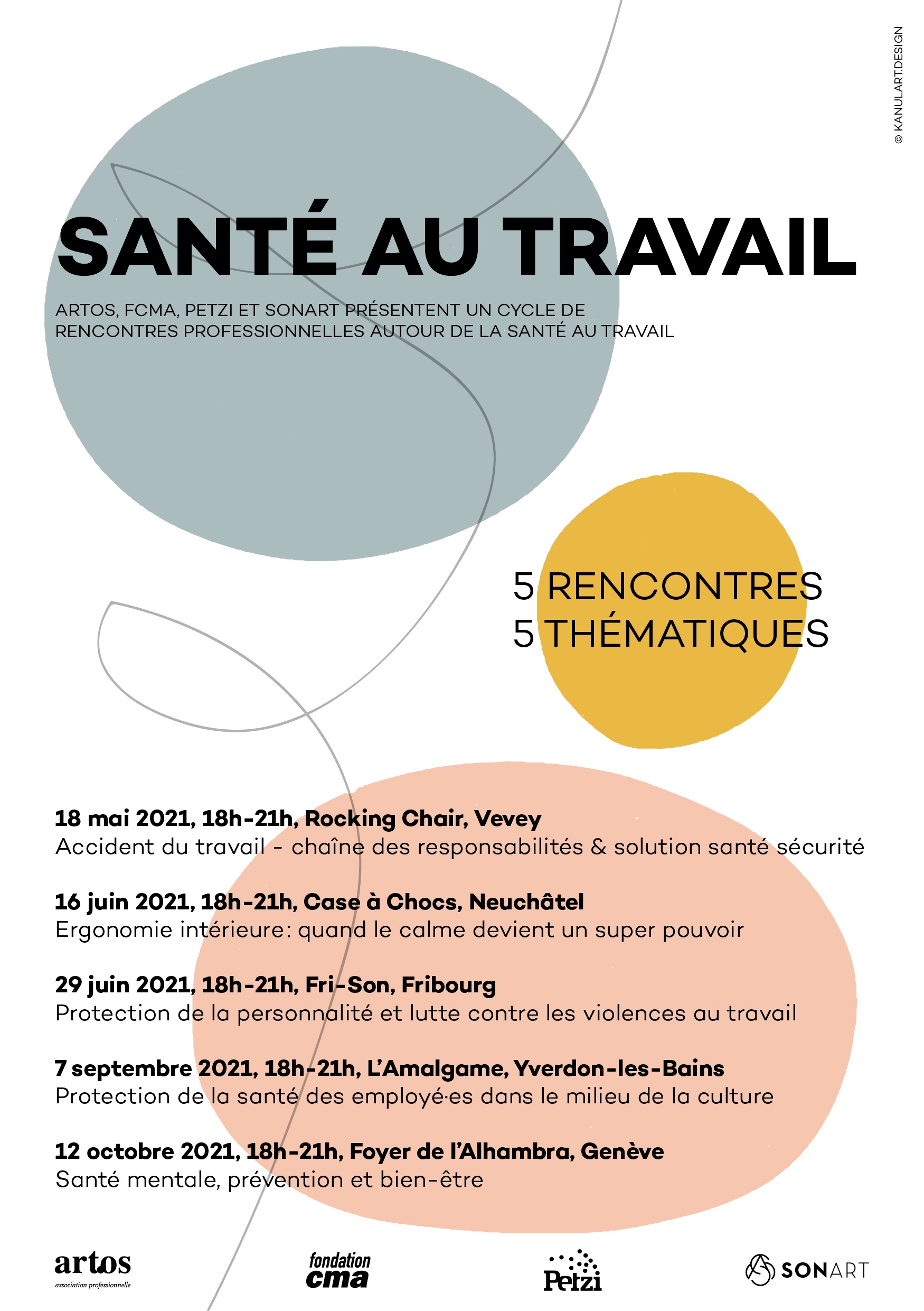 Flyer "Santé au travail" with names and dates of the five sessions